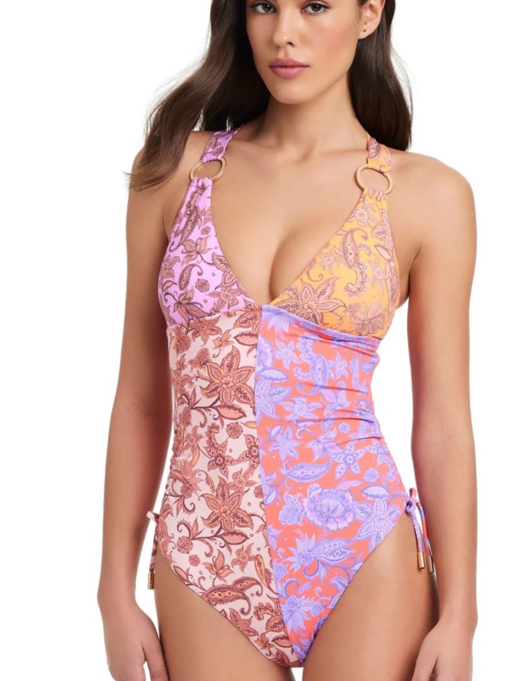 NWT Red Carter Multi Print Floral Ring-Detail One-Piece Sz Medium